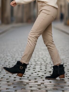 Kate Spade Black Leather Suede Ankle Booties with Gold Buckle Sz 6